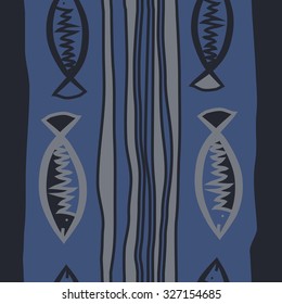 Seamless   pattern with fishes  and stripes motif, spots,fish, ellipses, zigzag. Hand drawn.
