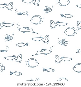 Seamless pattern with fishes in the style of doodle on white. 