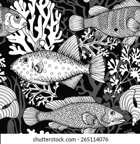 Seamless Pattern Fishes, Surinam Sparys, Scaridae, Red Spotted Perch Black & White 