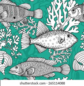 Seamless Pattern Fishes, Surinam Sparys, Scaridae, Red Spotted Perch Black & White & Green