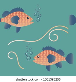 Seamless pattern with fishes in the underwater world. Colorful artistic background. Can be used for tile, wallpaper, textiles, wrapping, card, cover. Vector illustration, eps10