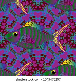 Seamless pattern with fishes. Vector illustration. Decorative ornament. Fishes in purple, green and red colors. Abstract vector pattern of repeating and alternating constituent elements.