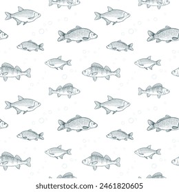 Seamless pattern with fishes. Vector illustration of carp, bream and perch.