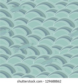 Seamless Pattern with Fishes and Waves. Ocean Background
