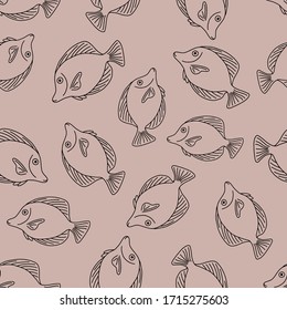 Seamless pattern with fish.Fish with a large sharp fin.Nautical theme.Doodle style.Beige background.White outline.Vector illustration.