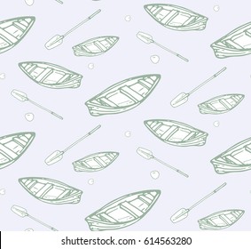 seamless pattern with fishing elements: boat, paddle and hook