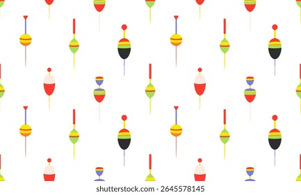 Padrão sem costura com flutuador de pesca e bobber. Artes de pesca. Fundo acessório de ângulo. Ilustração de vetor plano 