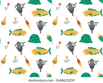 Seamless pattern with fishing gear, fish and fisherman's hat. Hand drawn vector illustration of fishing elements, for textile, wrapping paper, background, eps 10