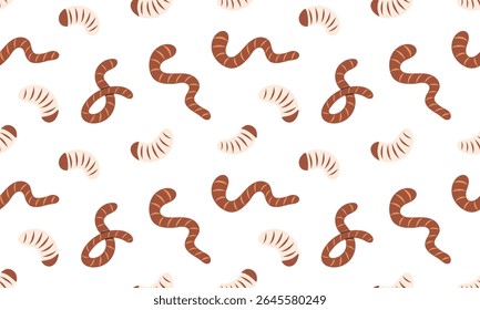 Padrão sem costura com isca e isca de pesca. Minhocas, minhocas e mosca inseto verme. Plano de fundo angular. Ilustração de vetor plano