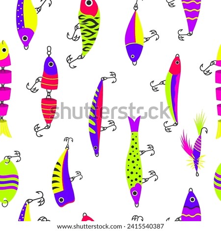 Seamless pattern with fishing lure isolated on a white background. Vector background. Can be used for paper, t-shirts, web sites, online stores.  