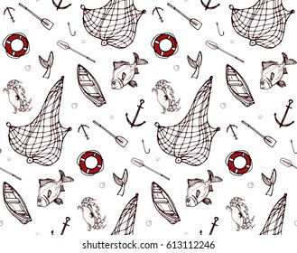 seamless pattern with fishing and sea elements and animals. colored lifebuoy