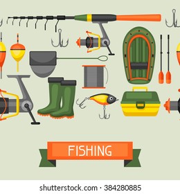 Seamless pattern with fishing supplies. Background made without clipping mask. Easy to use for backdrop, textile, wrapping paper.