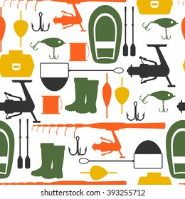 Seamless pattern with fishing supplies. Background made without clipping mask. Easy to use for backdrop, textile, wrapping paper.