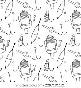 Seamless pattern with fishing tackle. Fisherman print. Vector illustration. Doodle style. Pattern with linear floats, hooks.