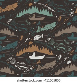 Seamless pattern for fishing theme. Vector illustration