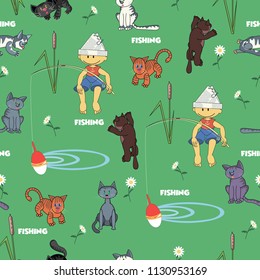 Seamless pattern fishing. Vector seamless pattern depicting a fisherman boy surrounded by curious cats. Background, seamless pattern and text are located on separate layers.