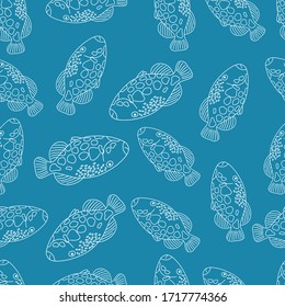 Seamless pattern with fish.Nautical theme.Doodle style.Blue background.White outline.Vector illustration.