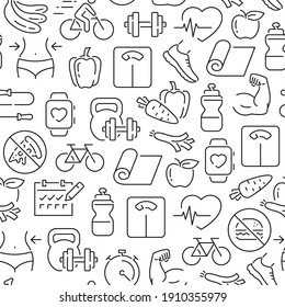 Seamless pattern with fitness. Black and white thin line icons