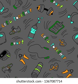 Seamless pattern with fitness elements for banner, poster, card, textiles. Promoting healthy lifestyle and sports. Inspiring and motivating phrase. Bright illustration in doodle style. Vector.