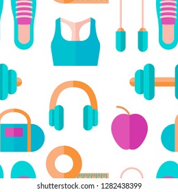 Seamless pattern of fitness equipment, healthy lifestyle: headphones, dumbbell, sneakers. Vector in flat style