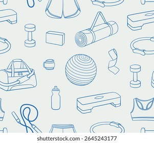 Seamless pattern of fitness equipment. Line art, ink, minimalist style. Vector illustration. Sport collection.