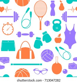 Seamless pattern with fitness equipment on white background.Vector illustration.