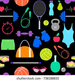 Seamless pattern with fitness equipment on white background.Vector illustration.
