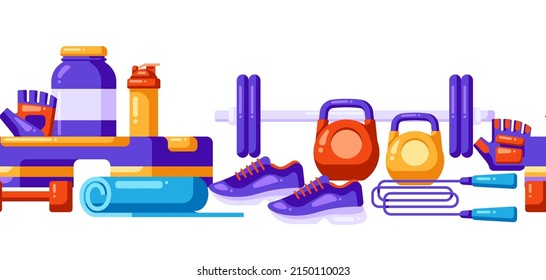Seamless pattern with fitness equipment. Sport bodybuilding items illustration.