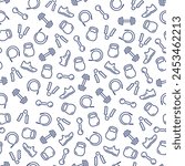 Seamless Pattern of Fitness or Gym Related Icons in Outline Style. Kettlebell, Dumbbells, Jumping Rope, Running Shoe, Handgrip