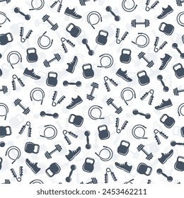 Seamless Pattern of Fitness or Gym Related Icons in Glyph Style. Kettlebell, Dumbbells, Jumping Rope, Running Shoe, Handgrip