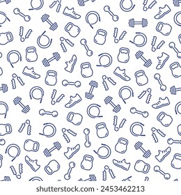 Seamless Pattern of Fitness or Gym Related Icons in Outline Style. Kettlebell, Dumbbells, Jumping Rope, Running Shoe, Handgrip