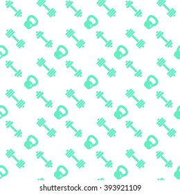 seamless pattern with fitness icons, dumbbells and kettlebell, green icons on white, fitness pattern, vector illustration