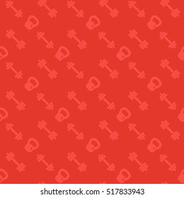 Seamless Pattern With Fitness Icons, Dumbbells And Kettlebell, Red Background