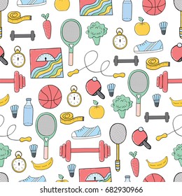 Seamless pattern of fitness and sport elements,fruits and vegetables.Colorful fitness illustration.Vector handdrawn background