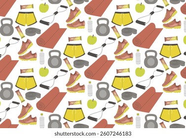 Seamless pattern Fitness-themed featuring sport equipment like shoes, water bottles, kettlebells, protein bars, and yoga mats. Ideal for promoting active lifestyle and wellness. Vector illustration