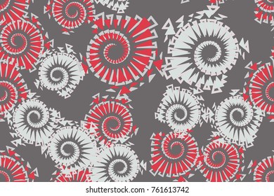 Seamless pattern of five colors. Multibeam spiral stars inscribed in pentagons. Texture for design, textiles, 3d graphics and wallpapers.