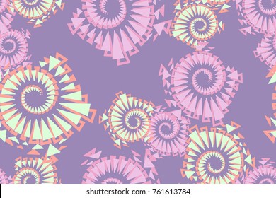 Seamless pattern of five colors. Multibeam spiral stars inscribed in pentagons. Texture for design, textiles, 3d graphics and wallpapers.