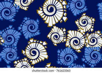 Seamless pattern. Five colors. Pentagons with multi-beam stars inside. Texture for 3d graphics, design, textiles and wallpapers.