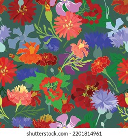 Seamless Pattern with Five Traditional Ukrainian flowers