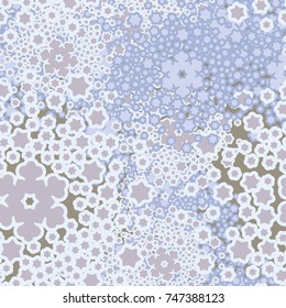 Seamless pattern. Five-color palette. Snowy whirlwinds among which are visible individual snowflakes.