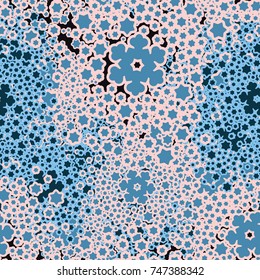 Seamless pattern. Five-color palette. Snowy whirlwinds among which are visible individual snowflakes.