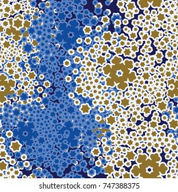 Seamless pattern. Five-color palette. Snowy whirlwinds among which are visible individual snowflakes.
