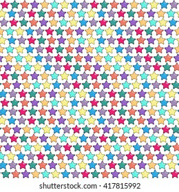 Seamless pattern with five-finger or five point bright stars having highlights and volume. Cartoon styled colorful background with hand drawn effect. Vector illustration.