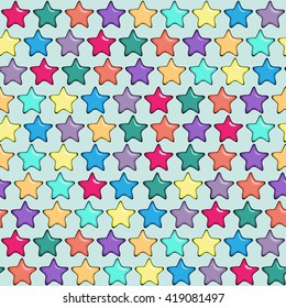 Seamless pattern with five-finger or five point bright stars having highlights and volume. Cartoon styled colorful background with hand drawn effect. Vector illustration.