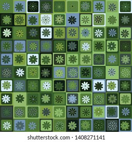 Seamless pattern. Five-petal flowers on a checkered background. Green shades. Camouflage.