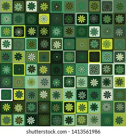 Seamless pattern. Five-petal flowers on a checkered background. Green shades. Camouflage.