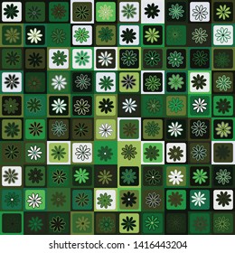 Seamless pattern. Five-petal flowers on a checkered background. Green shades. Camouflage.
