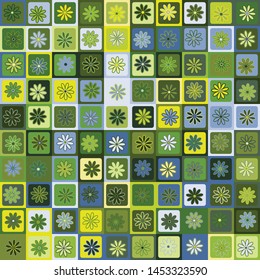 Seamless pattern. Five-petal flowers on a checkered background. Green shades. Camouflage.