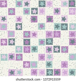 Seamless pattern. Five-pointed stars inscribed in irregular squares are arranged in torn rows against the background of the placement of small spots. The colors of the spring. Editable.