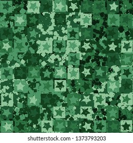 Seamless pattern. Five-pointed stars inscribed in irregular squares are arranged in torn rows against the background of a placid rounded squares. The colors of the jungle. Camouflage. Editable.
